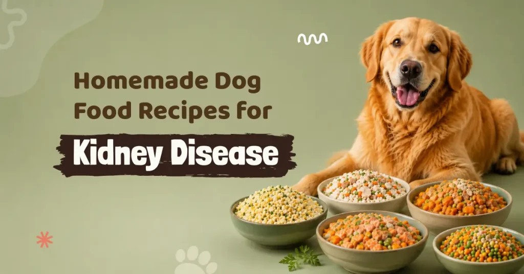A Golden Retriever sitting behind five bowls of colorful homemade dog food.