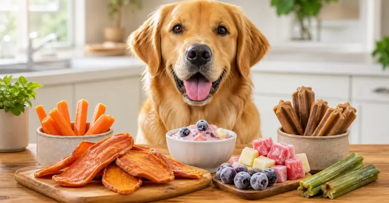 A happy Golden Retriever sitting behind a table filled with healthy dog treat alternatives, including carrot sticks, dried sweet potato slices, fresh blueberries, and dental chews.