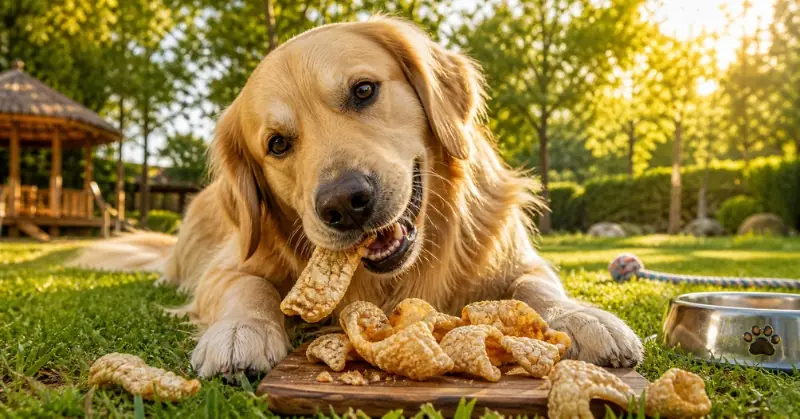 A Golden Retriever lying on the grass in a sunny garden, happily chewing on a crispy pork skin from a small wooden board, with a metal water bowl visible in the background.