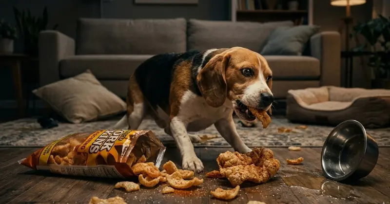 A Beagle standing over a messy pile of pork skins scattered on the floor, next to an open snack bag and an overturned metal water bowl.