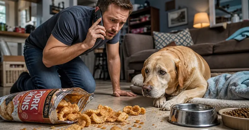 A concerned man talks on his phone while kneeling next to a spilled bag of pork skins, as a dog lies on a bed nearby looking downcast.