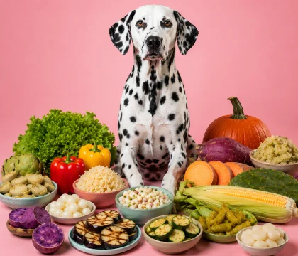 A Dalmatian dog sitting behind a colorful spread of fresh, dog-safe vegetables, grains, and greens on a pink backdrop.
