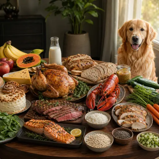A Golden Retriever at a table with a variety of foods, used as an educational illustration for an article about what human food dogs can eat.