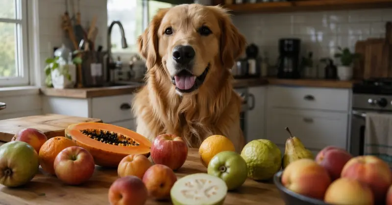 A happy Golden Retriever sitting at a table filled with a colorful spread of fresh fruits like papaya, apples, and oranges, serving as an educational image for a guide on fruits that are safe for dogs to consume.